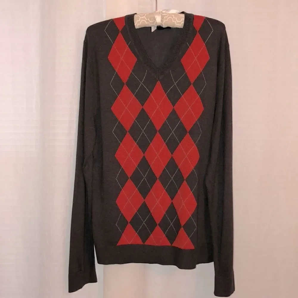 BR L Silk Cotton Cashmere Gray Orange V Neck Pullover Diamond Shapes Sweater